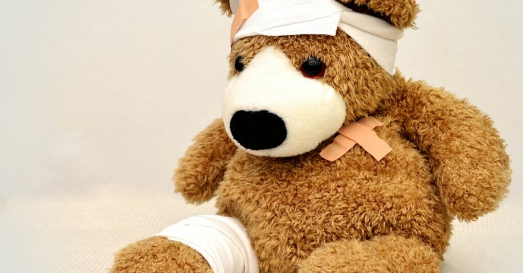 A brown teddy bear with bandages, depicting a playful take on injury recovery in a minimalist setting.
